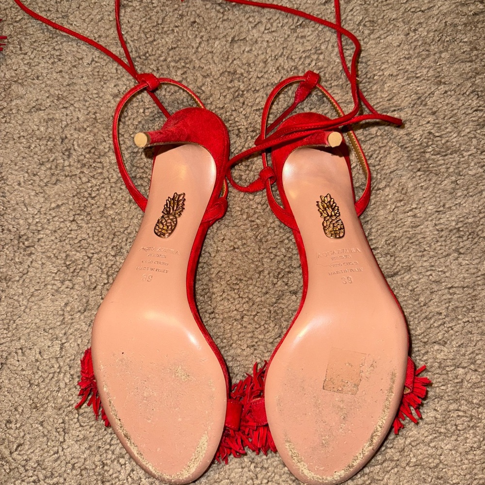 Aquazzura Red Fringe Ankle Strap Heels - Picture 6 of 6